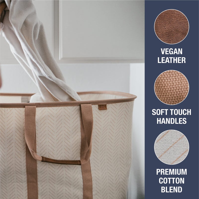 CleverMade Collapsible Laundry Tote 2-Pack (50L) â€“ Foldable Carry-All Storage Bin for Laundry, Car Trunk, RV, Dorm & Home Organization â€“ LUXE Cotton Blend with Vegan Leather Accents, Cream - Image 4