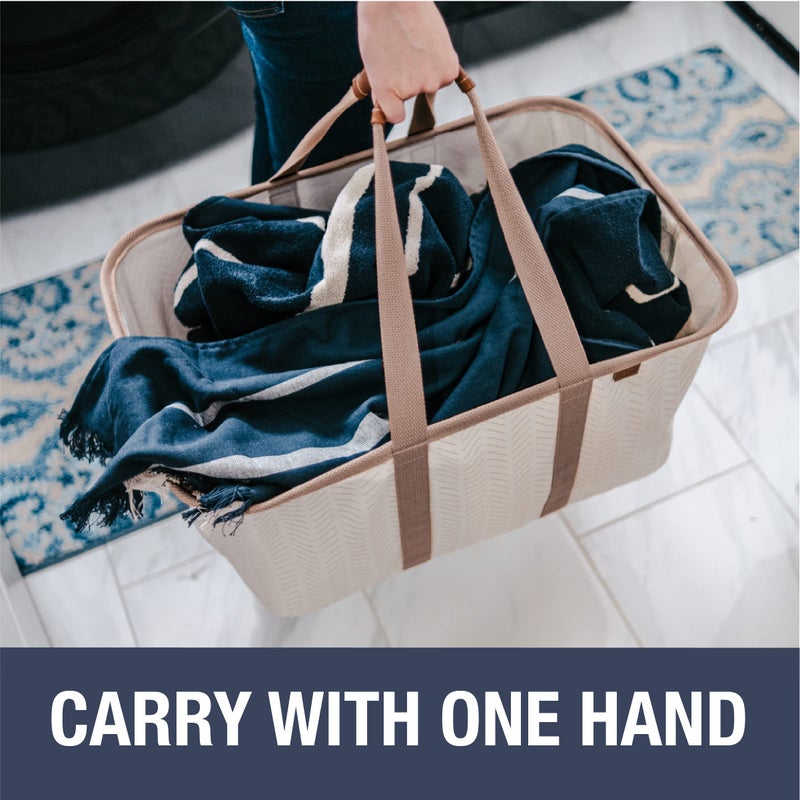 CleverMade Collapsible Laundry Tote 2-Pack (50L) â€“ Foldable Carry-All Storage Bin for Laundry, Car Trunk, RV, Dorm & Home Organization â€“ LUXE Cotton Blend with Vegan Leather Accents, Cream - Image 3