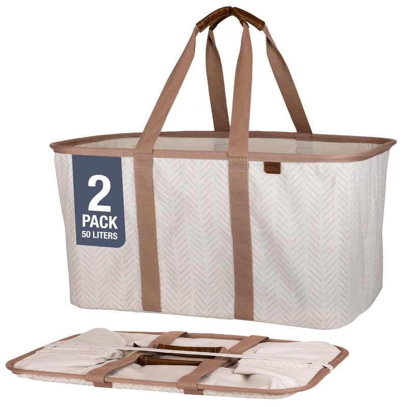 CleverMade Collapsible Laundry Tote 2-Pack (50L) â€“ Foldable Carry-All Storage Bin for Laundry, Car Trunk, RV, Dorm & Home Organization â€“ LUXE Cotton Blend with Vegan Leather Accents, Cream - Image 1