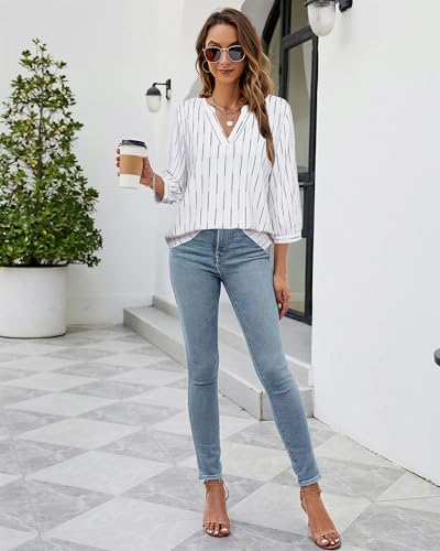 Unixseque Office Blouses for Women for Work V Neck Business Casual Tops Loose Fit Work Shirts Tunic Blouses Top Elegant Flowy Office Shirts Blouse Trendy 2024 Ladies Office Tops Fashion Stripe - Image 5