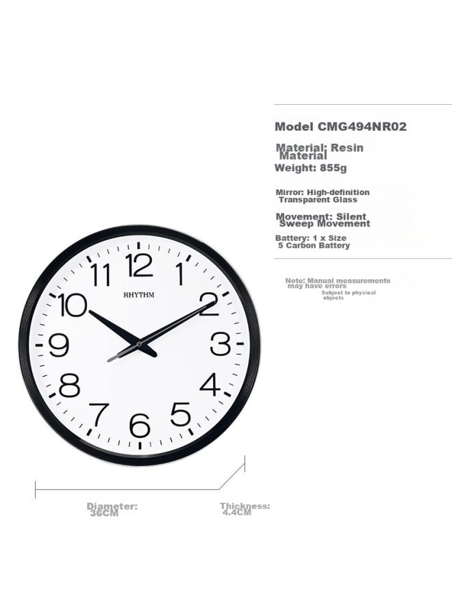 Rhythm Wall Clock, Simple And Creative Design, Bedroom Clock, Wall-mounted Clock, 36cm, Black, Cmg494nr02 - Image 3