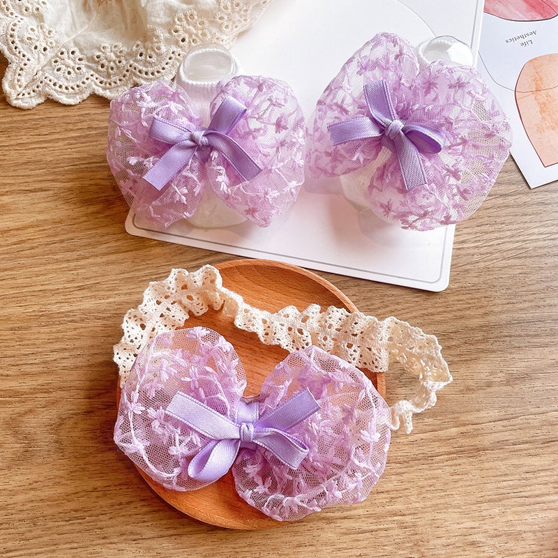 Generic Cute Newborn Socks and Headband Set Cartoon Korean Style Baby Accessories Purple Lace Bubble Bow 