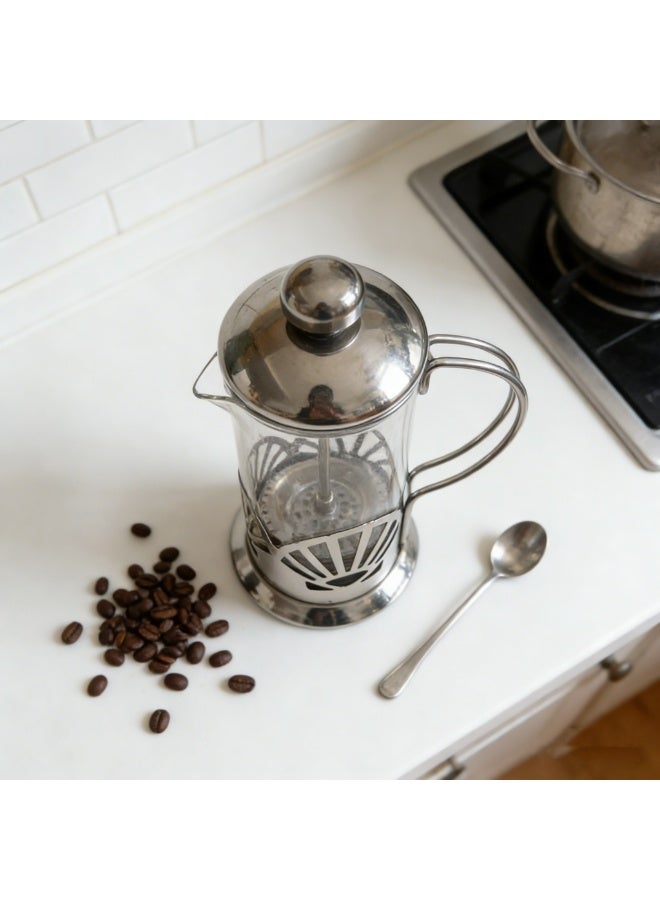 ماكينة تحضير القهوة والشاي الفرنسية من زجاج البوروسيليكات، سعة 350 مل، مقاومة للحرارة، مكبس قهوة زجاجي سميك للسفر والتخييم، فضي اللون - Image 2