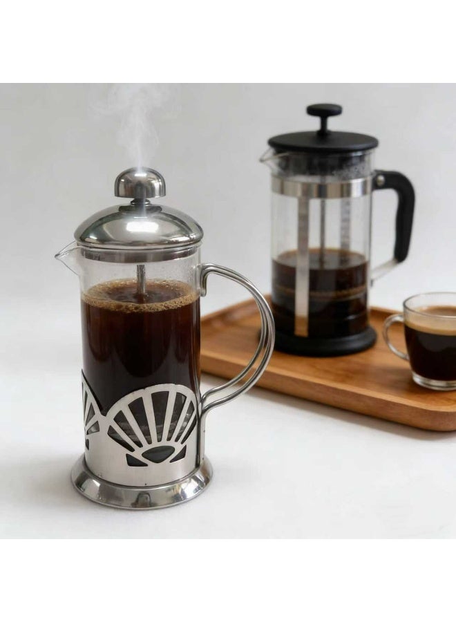 ماكينة تحضير القهوة والشاي الفرنسية من زجاج البوروسيليكات، سعة 350 مل، مقاومة للحرارة، مكبس قهوة زجاجي سميك للسفر والتخييم، فضي اللون - Image 1