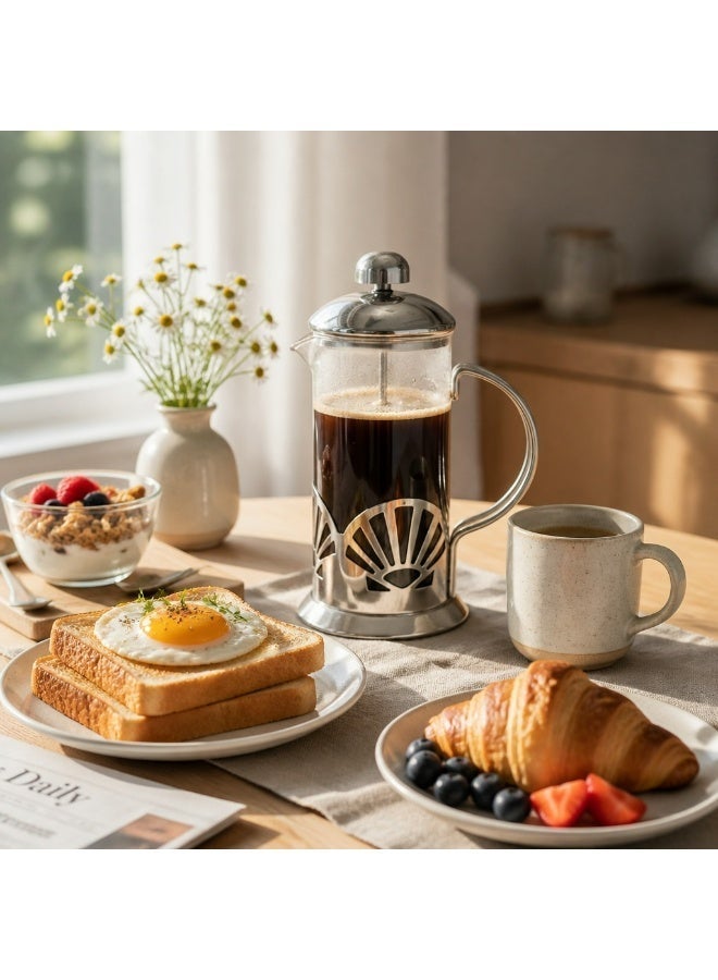 محضرة قهوة زجاجية بنظام الكبس الفرنسي (French Press) سعة 350 مل، مزودة بوعاء من زجاج البوروسيليكات المقاوم للحرارة ومكبس من الفولاذ المقاوم للصدأ؛ مناسبة لتحضير القهوة والشاي في المنزل والمكتب وأثناء السفر والتخييم. - Image 4
