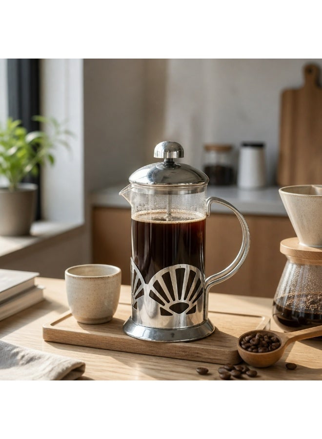 محضرة قهوة زجاجية بنظام الكبس الفرنسي (French Press) سعة 350 مل، مزودة بوعاء من زجاج البوروسيليكات المقاوم للحرارة ومكبس من الفولاذ المقاوم للصدأ؛ مناسبة لتحضير القهوة والشاي في المنزل والمكتب وأثناء السفر والتخييم. - Image 5
