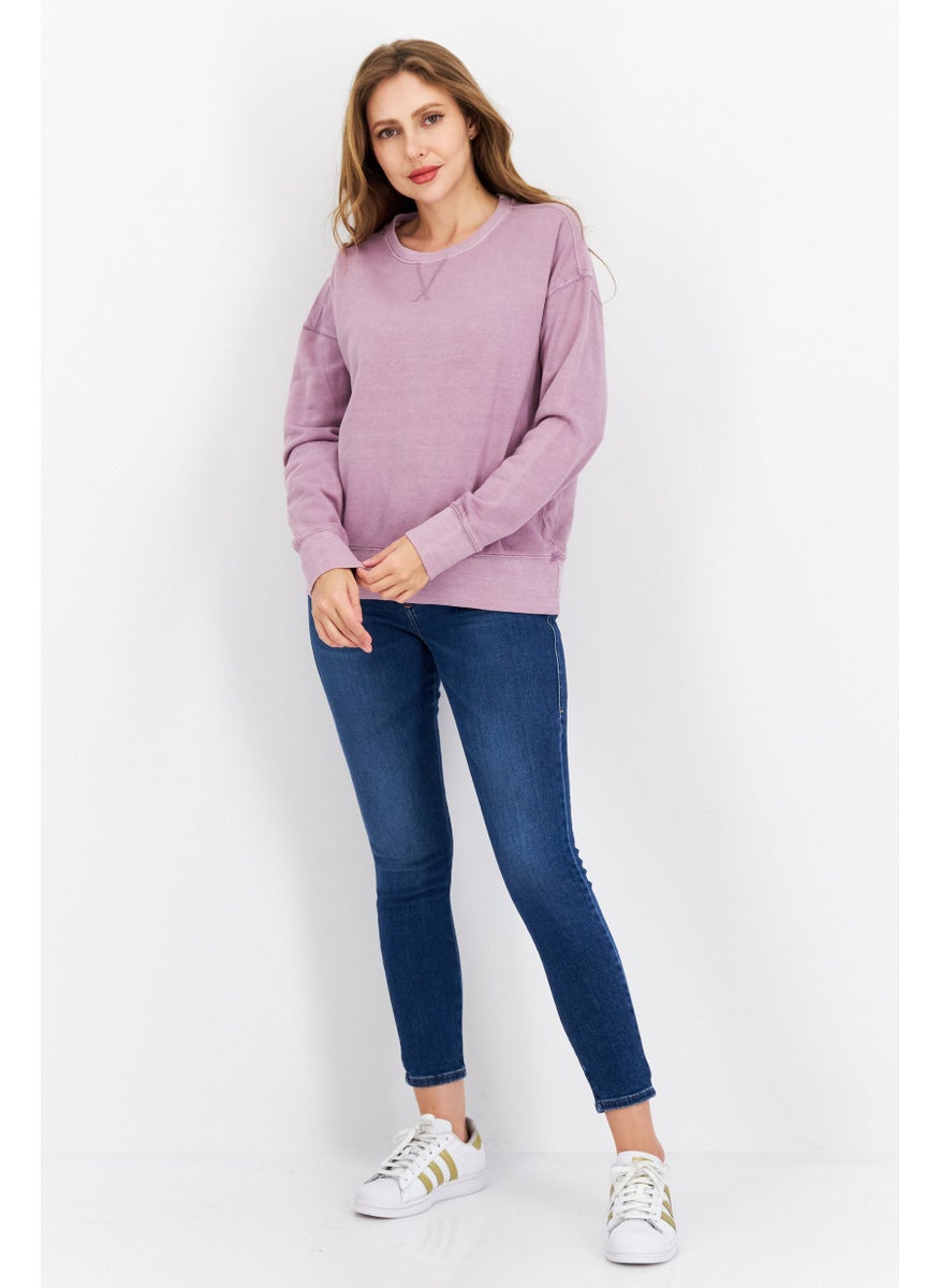 Weatherproof Women Crew Neck Long Sleeves Plain Sweatshirt, Purple  - Image 2