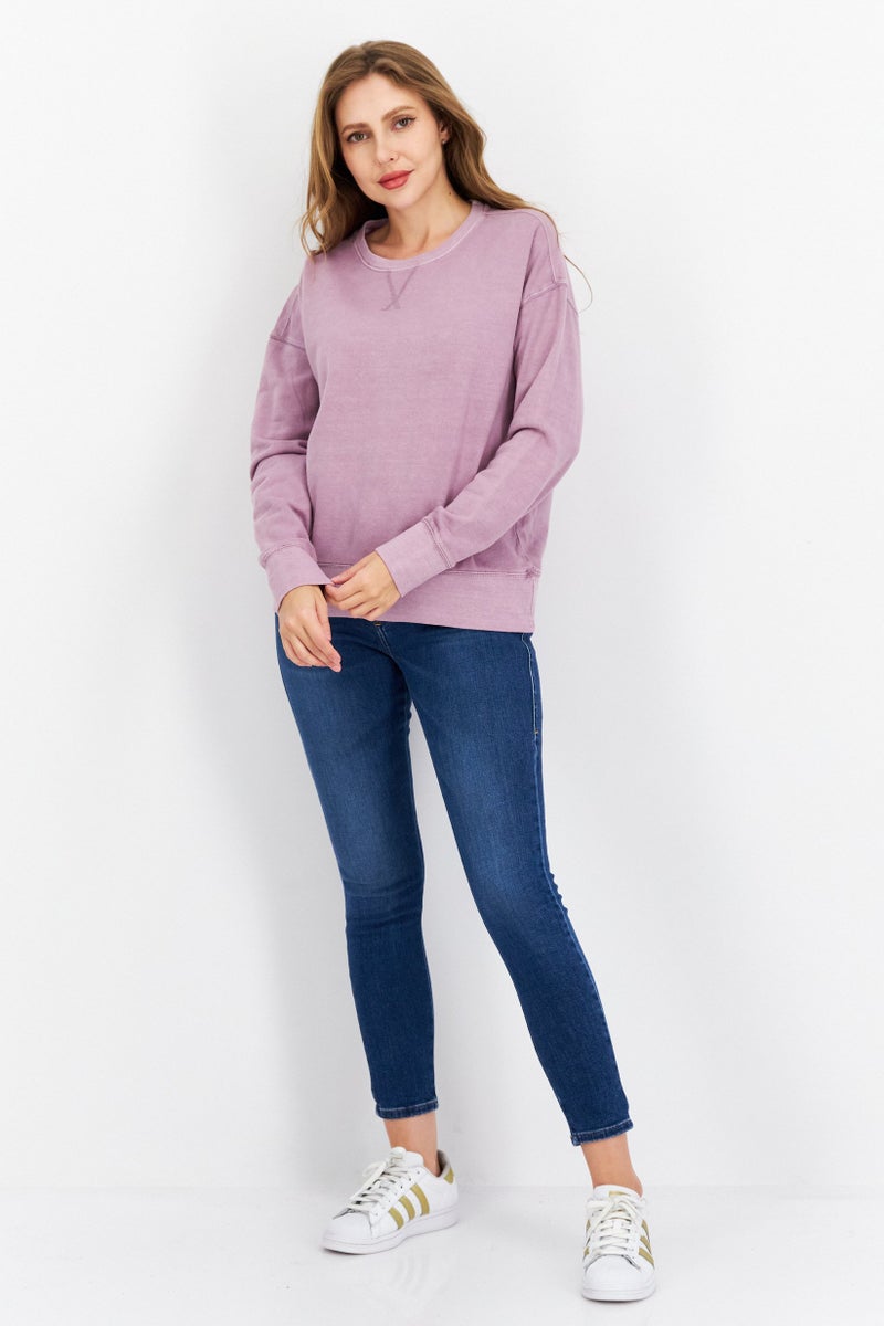 Weatherproof Women Crew Neck Long Sleeves Plain Sweatshirt, Purple - Image 2