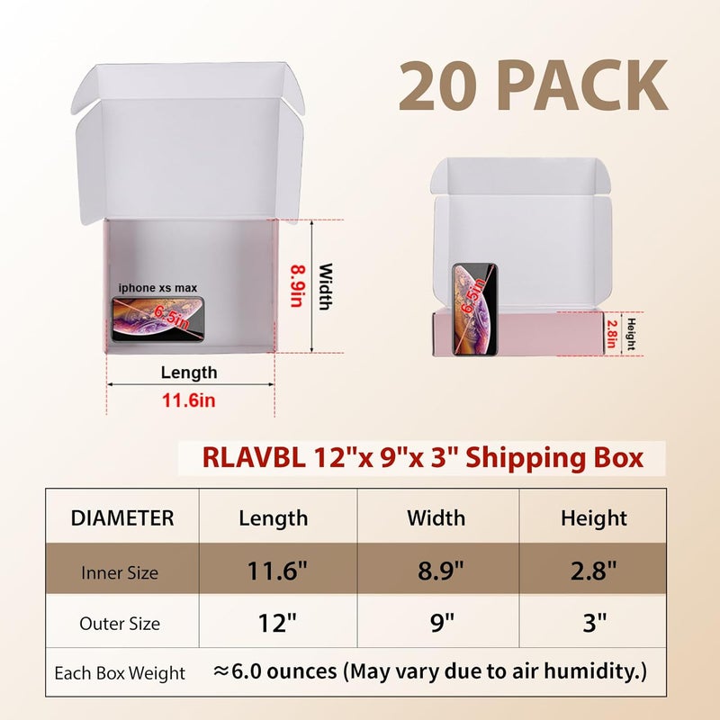 RLAVBL 12x9x3 Shipping Boxes Set of 20, Pink Corrugated Cardboard Box for Packing, Mailing, Business, Gift - Image 2
