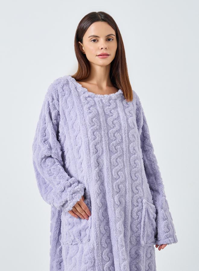 Styli Cable Knit Fleece Nightdress with Pocket Detail - Image 2
