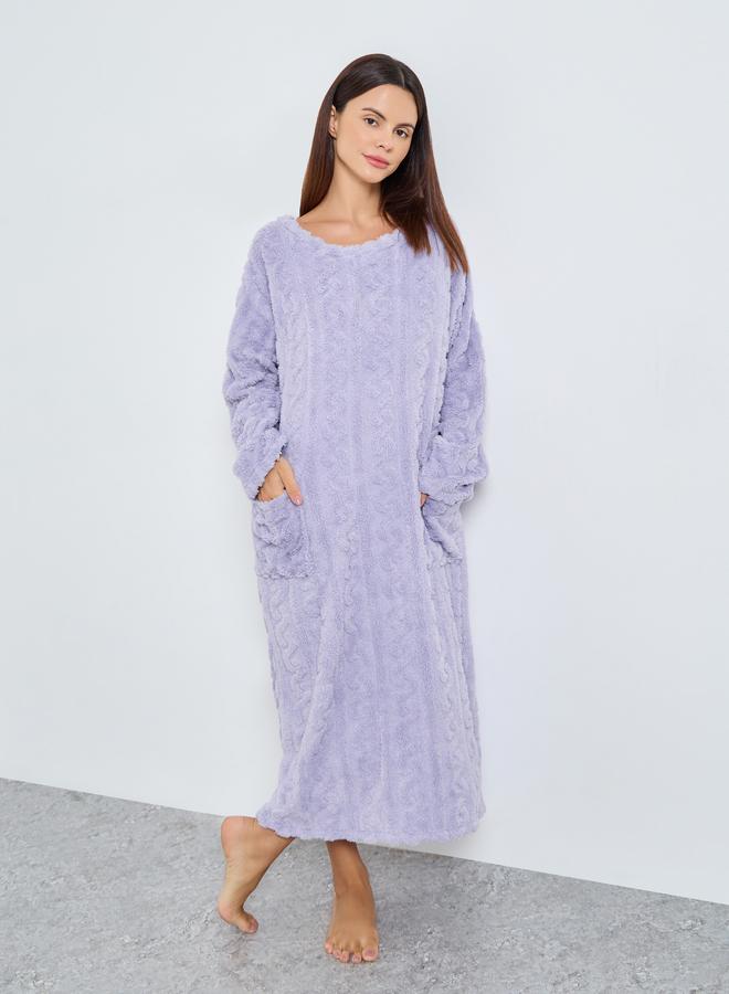 Styli Cable Knit Fleece Nightdress with Pocket Detail - Image 1