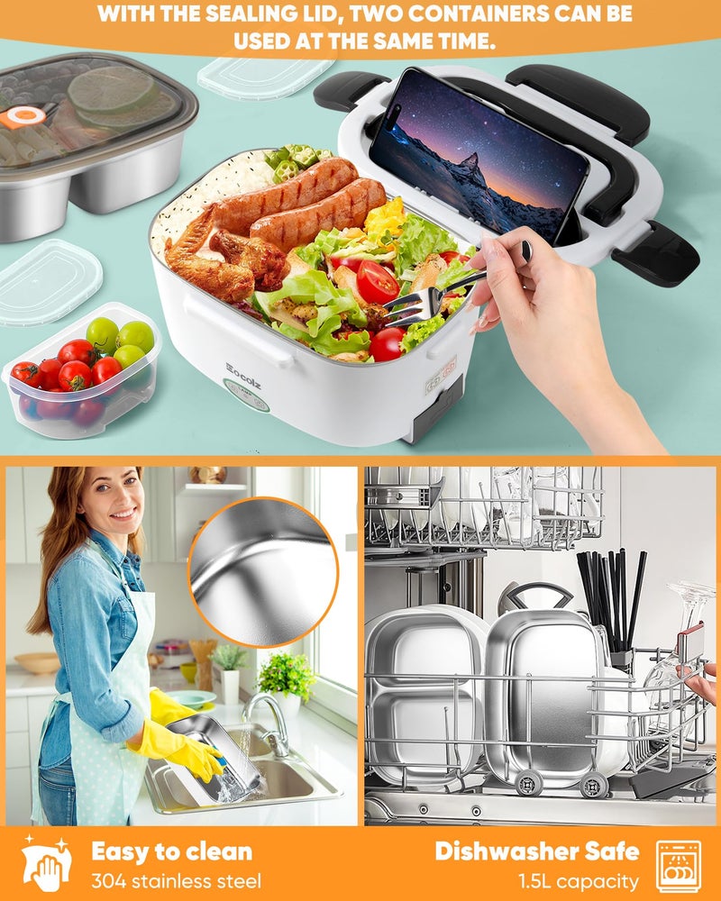 Eocolz Electric Lunch Box Food Heater 60-80W for Adults, Portable Food Warmer Heated Lunch Box for Car Truck Work with 1.5L Stainless Steel Container Fork & Spoon 12/24/110V Lonchera Eléctrica - Image 3