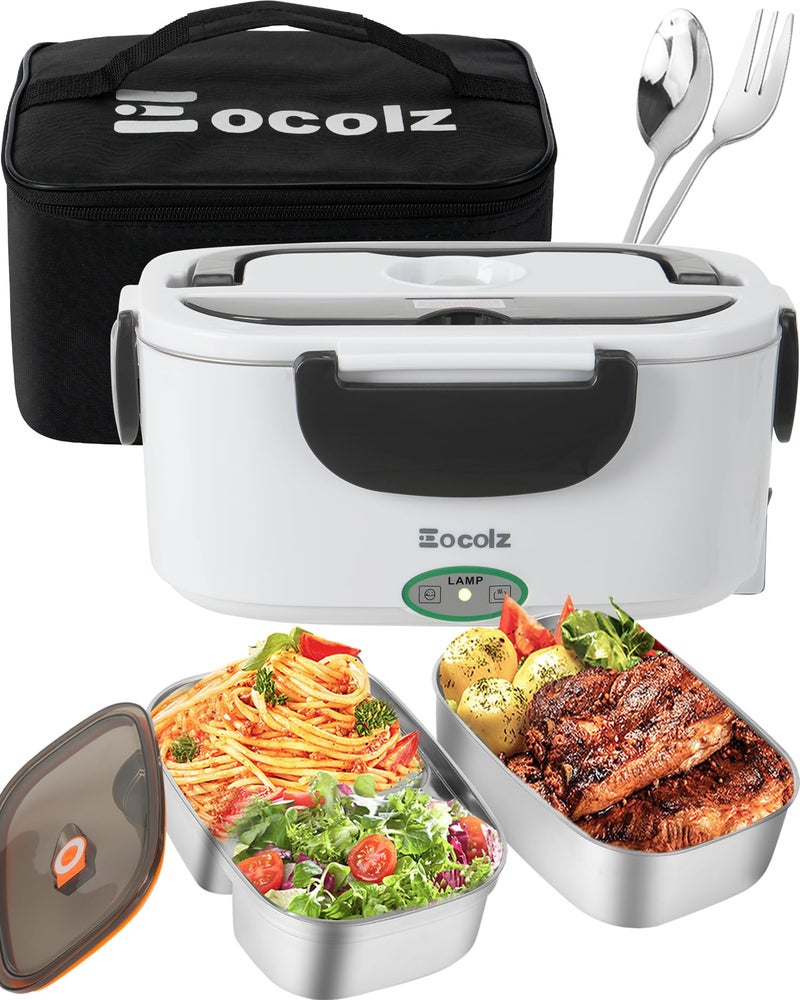 Eocolz Electric Lunch Box Food Heater 60-80W for Adults, Portable Food Warmer Heated Lunch Box for Car Truck Work with 1.5L Stainless Steel Container Fork & Spoon 12/24/110V Lonchera Eléctrica - Image 1