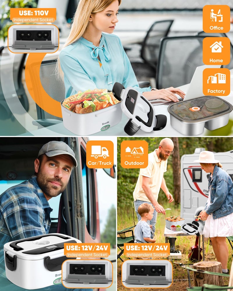 Eocolz Electric Lunch Box Food Heater 60-80W for Adults, Portable Food Warmer Heated Lunch Box for Car Truck Work with 1.5L Stainless Steel Container Fork & Spoon 12/24/110V Lonchera Eléctrica - Image 2