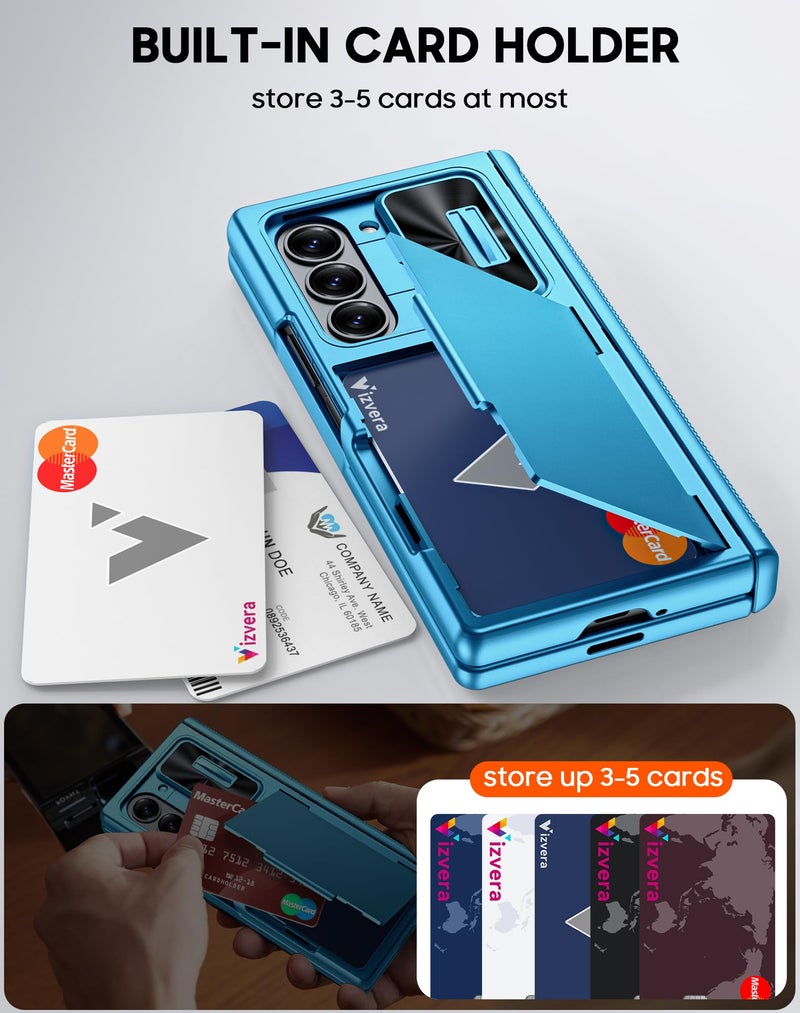 Vizvera for Samsung Galaxy Z Fold 6 Case RFID Wallet with Cards Holder [Hinge Cover] [Camera Cover] Shockproof Silicone Protective Phone Case for Z Fold 6 2024-Lake Blue - Image 3