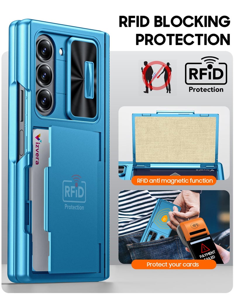 Vizvera for Samsung Galaxy Z Fold 6 Case RFID Wallet with Cards Holder [Hinge Cover] [Camera Cover] Shockproof Silicone Protective Phone Case for Z Fold 6 2024-Lake Blue - Image 4