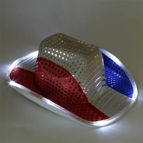 Mawjom Sparkly US-Flag Western Cowboy Hat - 4th of July Red White Blue Sequin Cowgirl Hat for Independence Day Party - Image 3