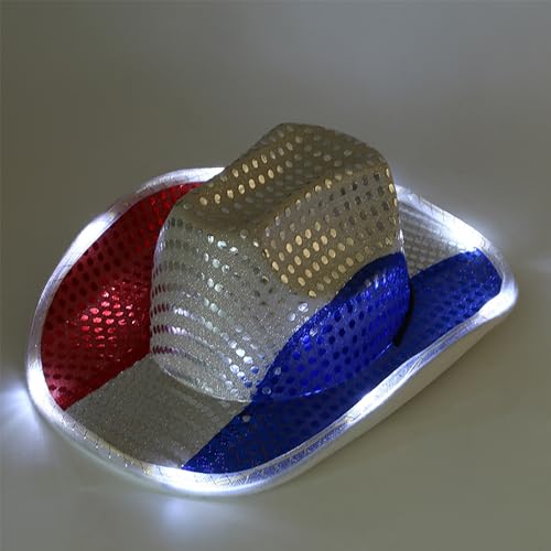 Mawjom Sparkly US-Flag Western Cowboy Hat - 4th of July Red White Blue Sequin Cowgirl Hat for Independence Day Party - Image 2