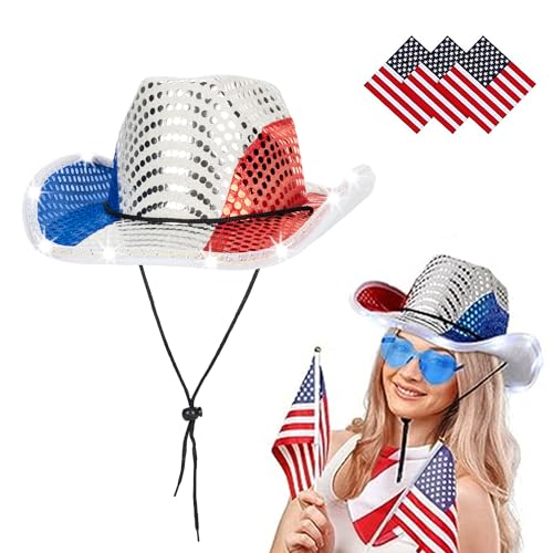 Mawjom Sparkly US-Flag Western Cowboy Hat - 4th of July Red White Blue Sequin Cowgirl Hat for Independence Day Party - Image 4