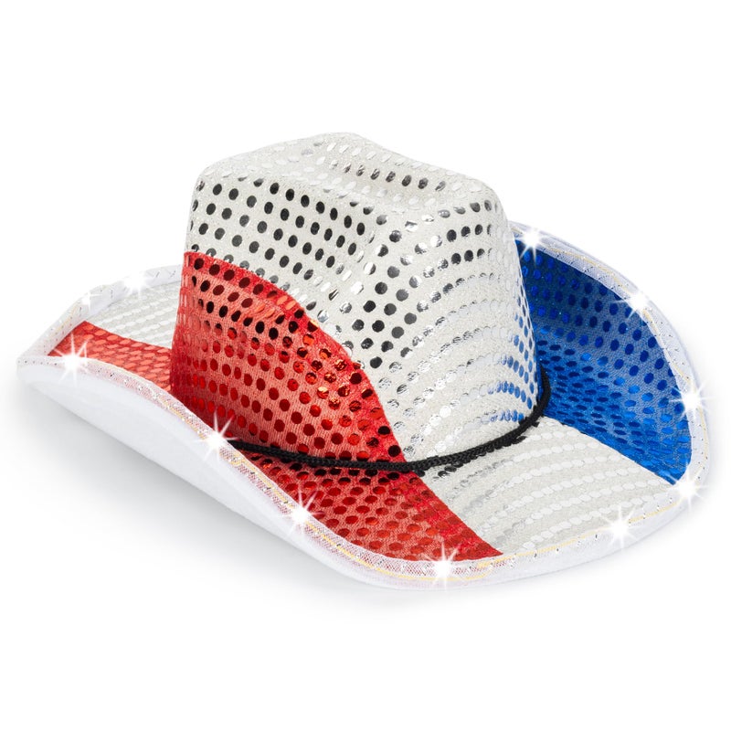 Mawjom Sparkly US-Flag Western Cowboy Hat - 4th of July Red White Blue Sequin Cowgirl Hat for Independence Day Party - Image 5