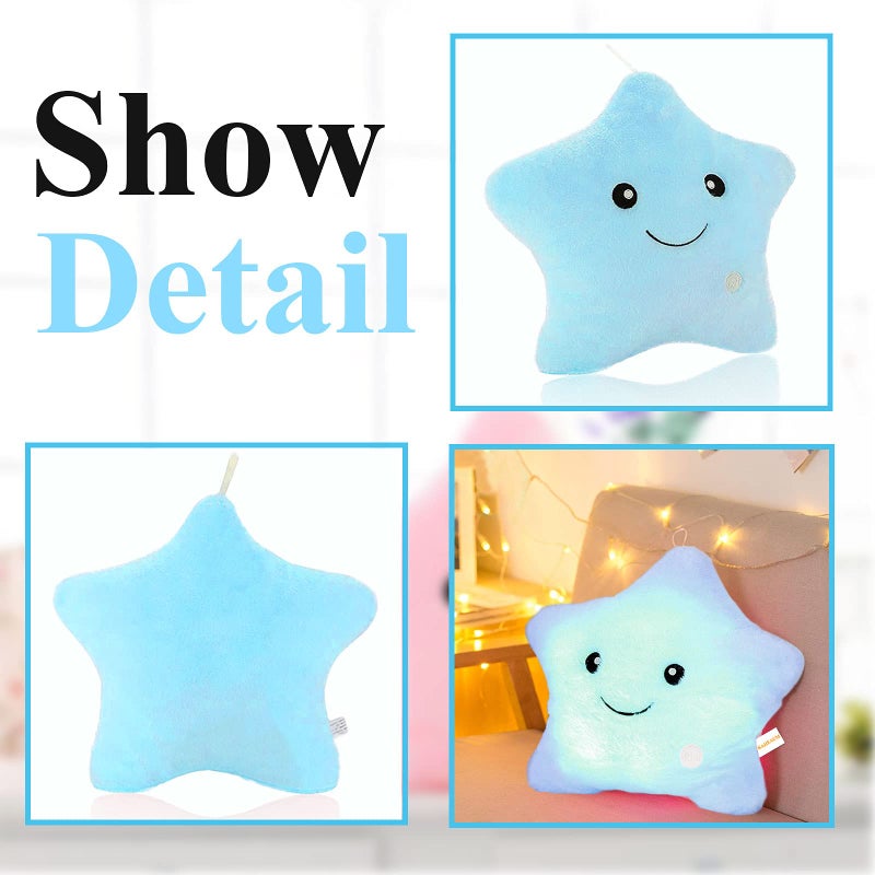 KAHEAUM Creative Twinkle Star Glowing LED Night Light Up Plush Pillows Stuffed Toys Birthday Gifts for Kid Children Friends Couch Bed Throw Pillows Decorative Light Blue Throw Pillow Covers - Image 2