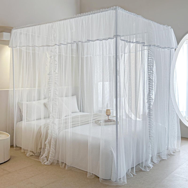 AIKASY 4 Corners Post Ruffle Princess Bed Canopy Curtain - Double Layer Cozy Drape Netting with 4 Openings - Elegant Mosquito Net for Girls and Adults Bedroom Decoration (White,Full) - Image 5