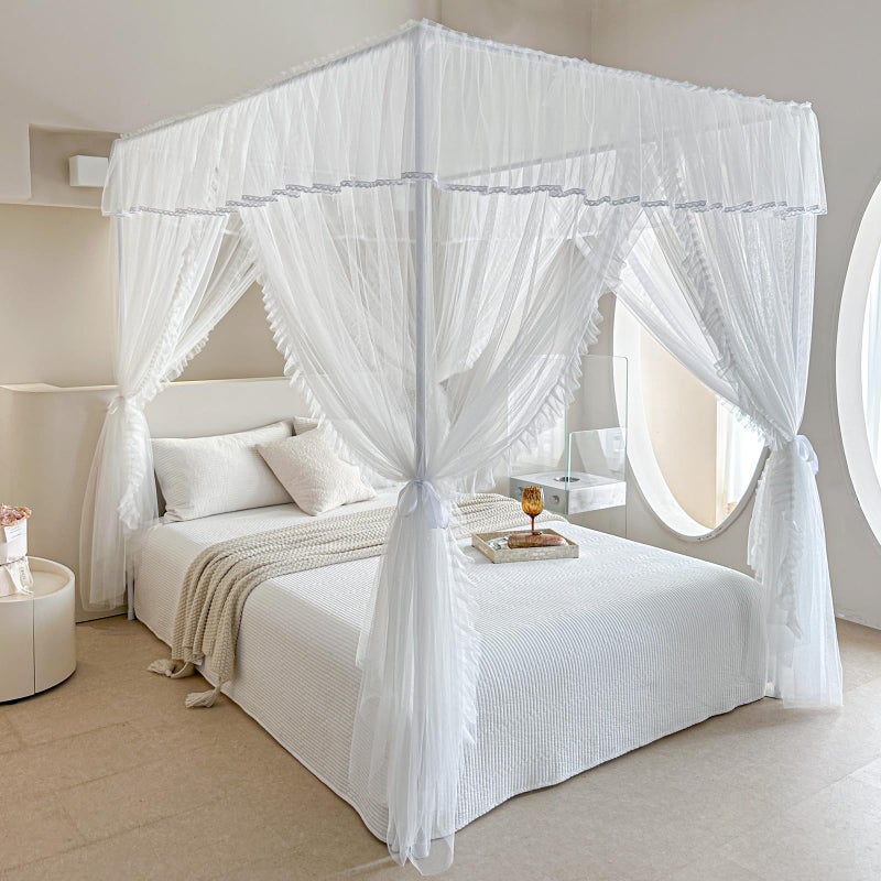 AIKASY 4 Corners Post Ruffle Princess Bed Canopy Curtain - Double Layer Cozy Drape Netting with 4 Openings - Elegant Mosquito Net for Girls and Adults Bedroom Decoration (White,Full) - Image 2