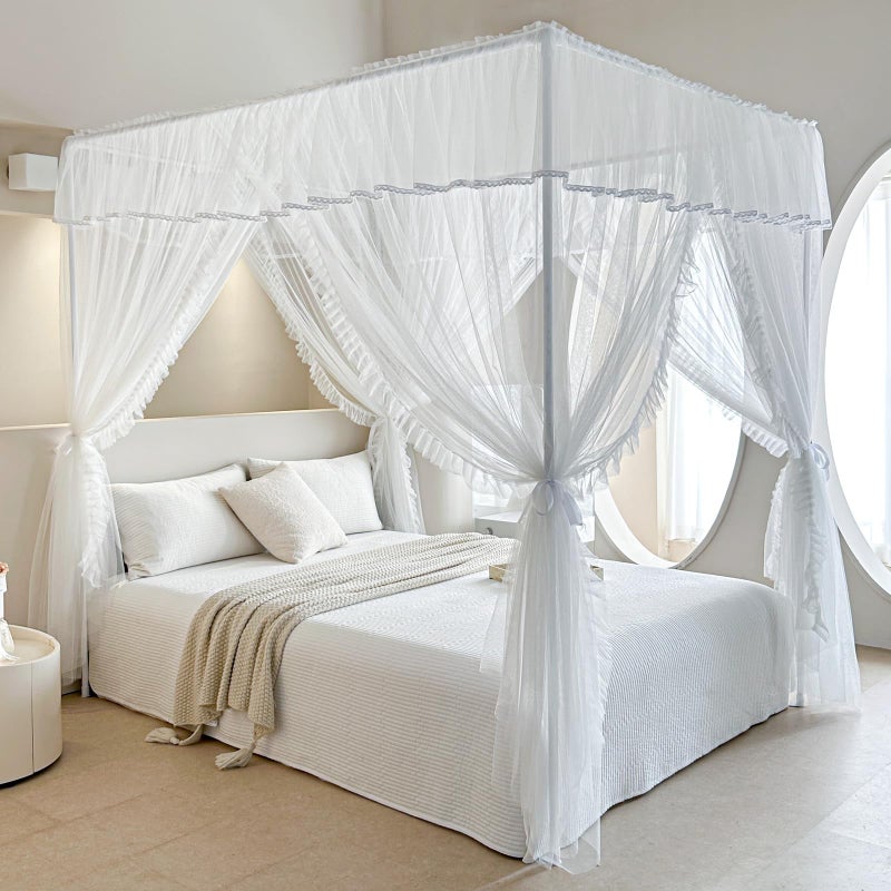 AIKASY 4 Corners Post Ruffle Princess Bed Canopy Curtain - Double Layer Cozy Drape Netting with 4 Openings - Elegant Mosquito Net for Girls and Adults Bedroom Decoration (White,Full) - Image 1