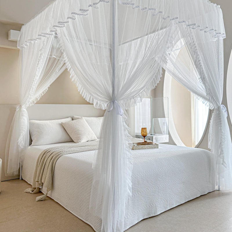 AIKASY 4 Corners Post Ruffle Princess Bed Canopy Curtain - Double Layer Cozy Drape Netting with 4 Openings - Elegant Mosquito Net for Girls and Adults Bedroom Decoration (White,Full) - Image 3