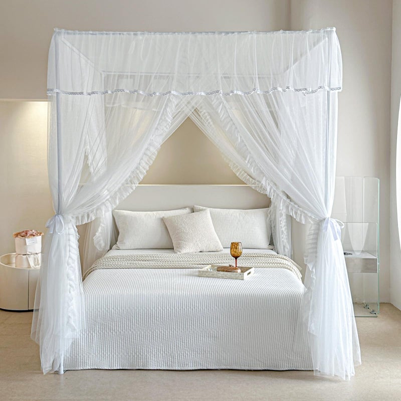 AIKASY 4 Corners Post Ruffle Princess Bed Canopy Curtain - Double Layer Cozy Drape Netting with 4 Openings - Elegant Mosquito Net for Girls and Adults Bedroom Decoration (White,Full) - Image 4