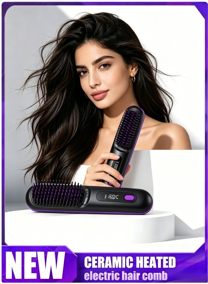 Wireless moisturising comb: an electric comb featuring an LCD screen, USB charging and ceramic heating. A portable moisturising device that combines the functions of a moisturising comb and a curling iron, offering wireless, rapid-heating curling. With 3 temperature settings and long-lasting hold, it is suitable for all hair types. - Image 1