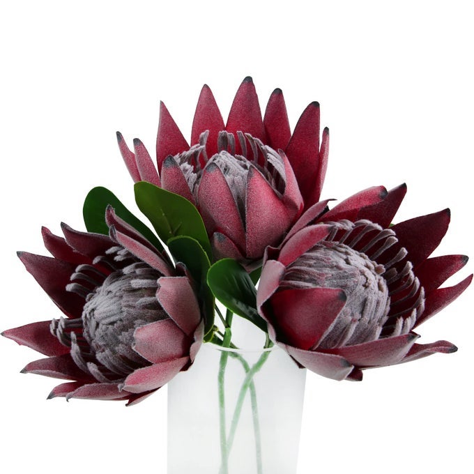 ARTIFICIAL PROTEA CYNAROIDES FOR FLOWER ARRANGEMENTS FAUX SILK BOUQUET FOR TABLE DECORATION CENTERPIECES WEDDING 3 PIECES RED