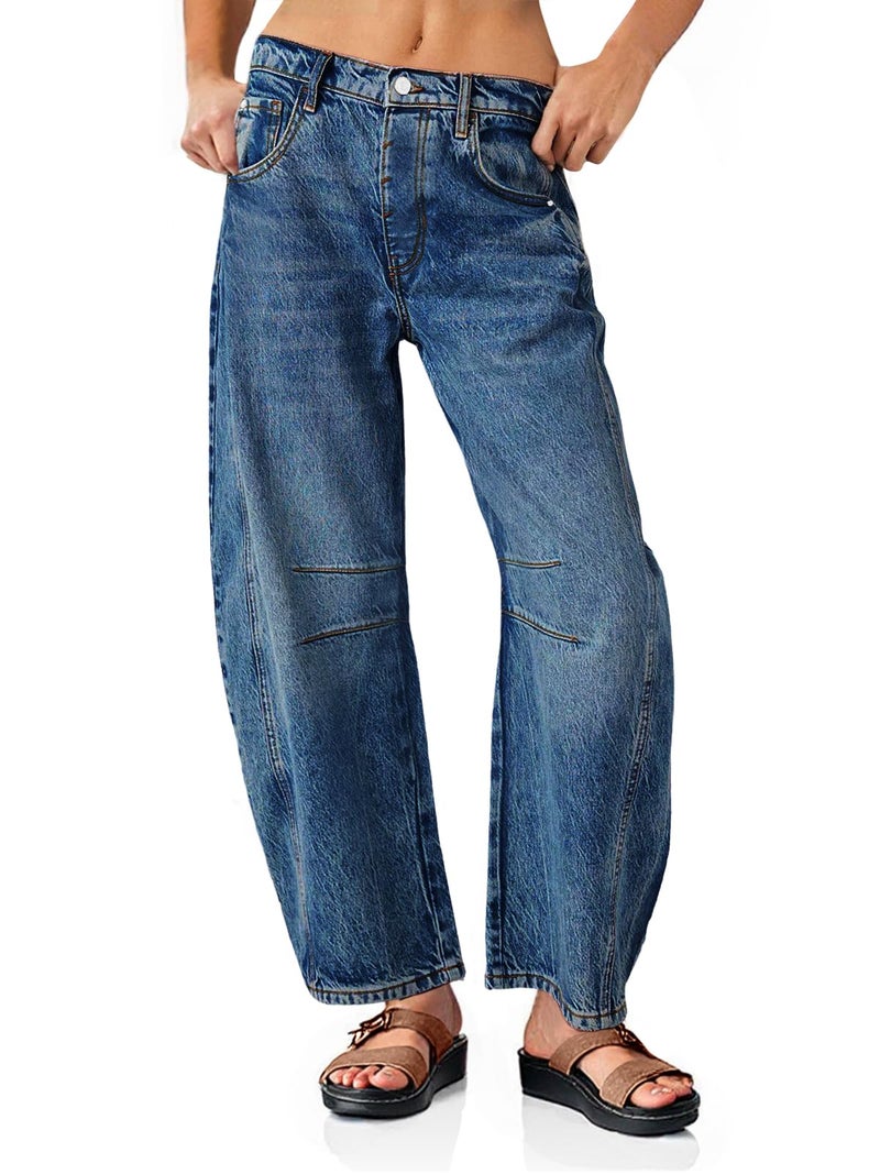 PLNOTME Women's Baggy Boyfriend Jeans Vintage Wide Leg Mid Rise Barrel Denim Ankle Pants - Image 1
