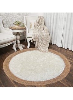 LINGWEI Round jute Area Rug Carpet with White Furr Multicolour 100x100cm  - Image 1