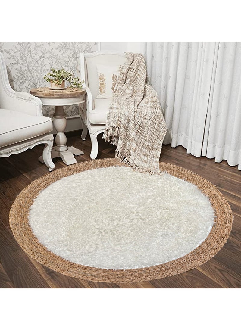 LINGWEI Round jute Area Rug Carpet with White Furr Multicolour 100x100cm  - Image 1