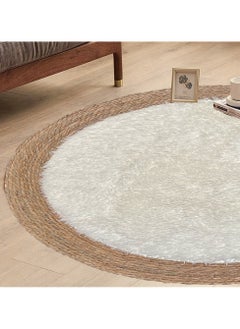 LINGWEI Round jute Area Rug Carpet with White Furr Multicolour 100x100cm  - Image 3