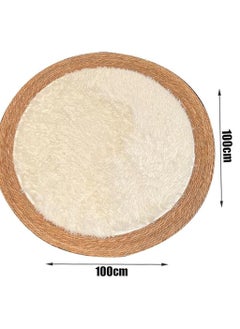 LINGWEI Round jute Area Rug Carpet with White Furr Multicolour 100x100cm  - Image 4