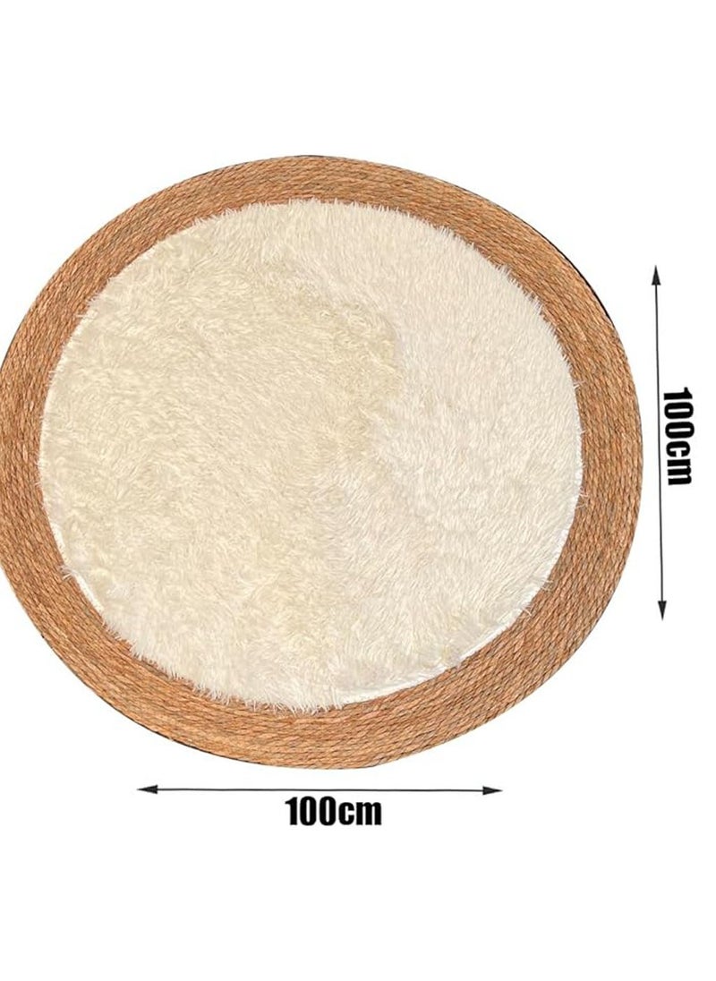 LINGWEI Round jute Area Rug Carpet with White Furr Multicolour 100x100cm  - Image 4