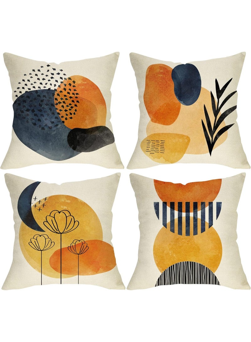 كيلا مجموعة من 4 أغطية وسائد مزخرفة تجريدية حديثة مقاس 18 × 18، زخارف هندسية بوهيمية بسيطة للشمس والقمر، غطاء وسادة مربع مزين بنباتات نباتية، غطاء وسادة أريكة ديكور منزلي - Image 1