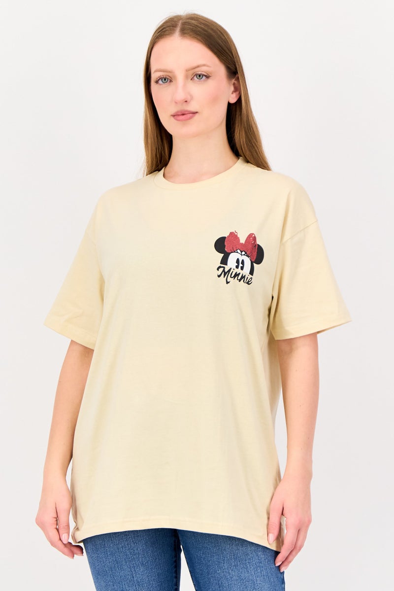 Disney Minnie Mouse Women Crew Neck Short Sleeve Graphic Print T-Shirt, Beige - Image 1