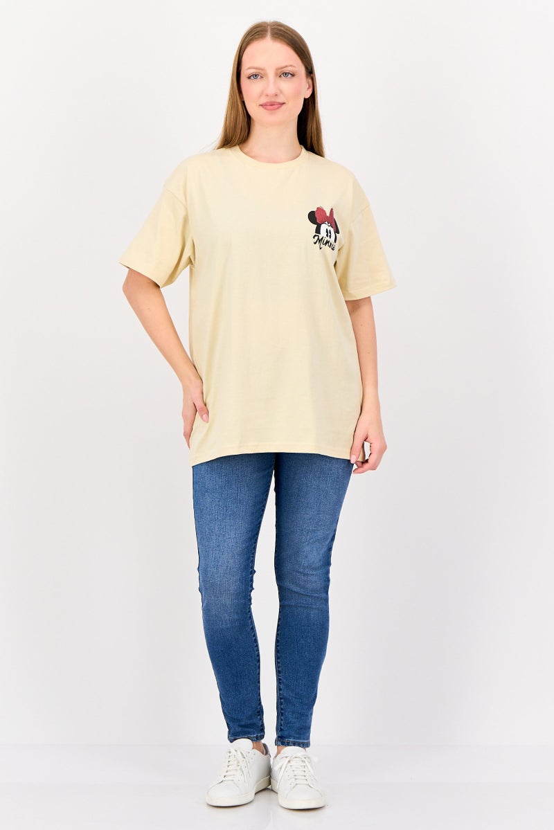 Disney Minnie Mouse Women Crew Neck Short Sleeve Graphic Print T-Shirt, Beige - Image 4