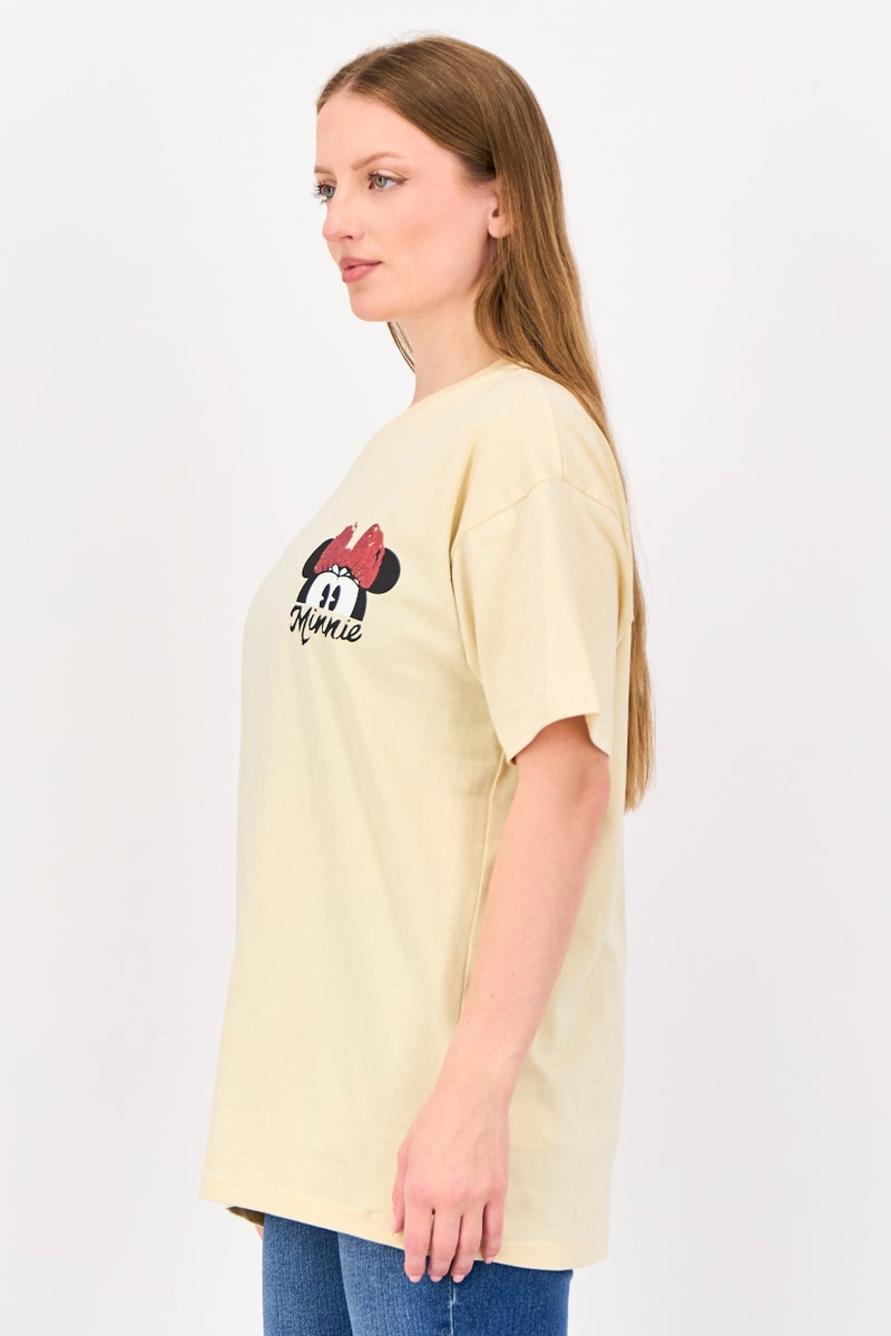 Disney Minnie Mouse Women Crew Neck Short Sleeve Graphic Print T-Shirt, Beige - Image 2