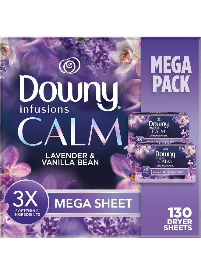 Downy Downy Infusions Mega Dryer Sheets, Laundry Fabric Softener, CALM, Lavender and Vanilla Bean, 130 Count - Image 1