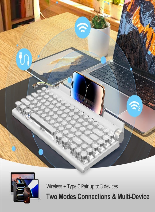 Taiahiro Retro Typewriter Wireless Mechanical Gaming Keyboard, Bluetooth 5.0 Office Computer Vintage Keyboards 83-Key Blue Switches Punk Round Keycap, LED Backlight, Compatible with PC/Laptop/Pad/Phone, White - Image 2
