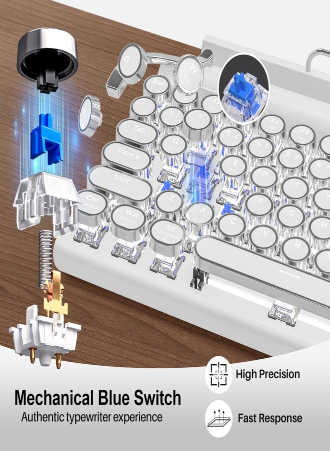 Taiahiro Retro Typewriter Wireless Mechanical Gaming Keyboard, Bluetooth 5.0 Office Computer Vintage Keyboards 83-Key Blue Switches Punk Round Keycap, LED Backlight, Compatible with PC/Laptop/Pad/Phone, White - Image 3