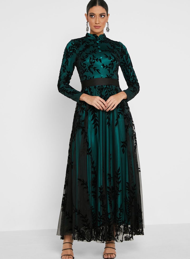 Khizana Mesh Embossed Overlay Dress - Image 1