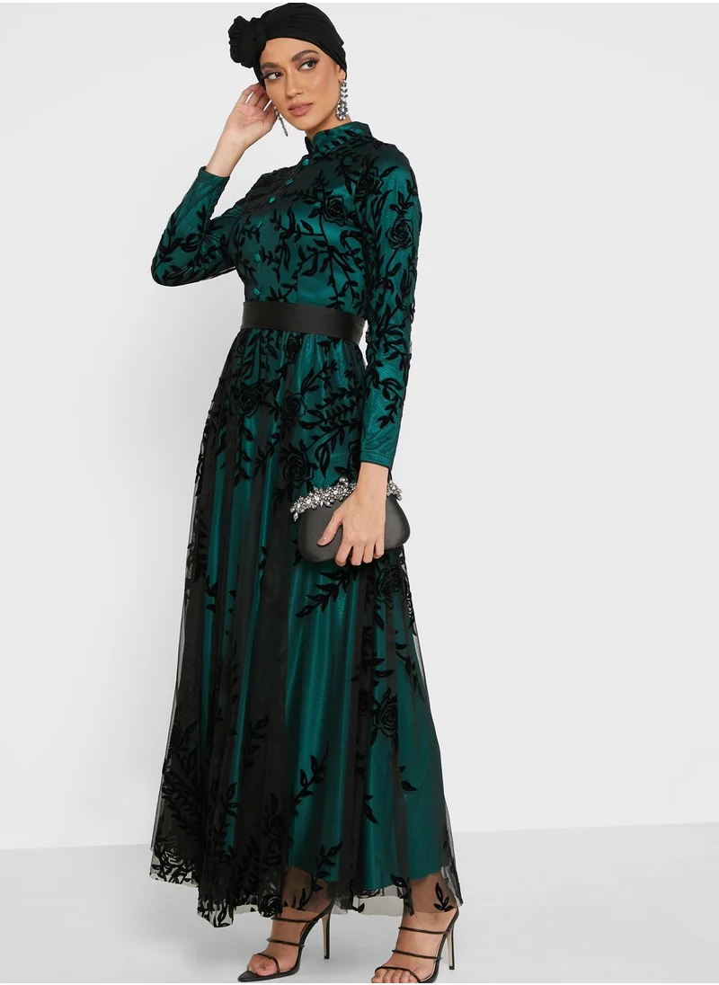 Khizana Mesh Embossed Overlay Dress