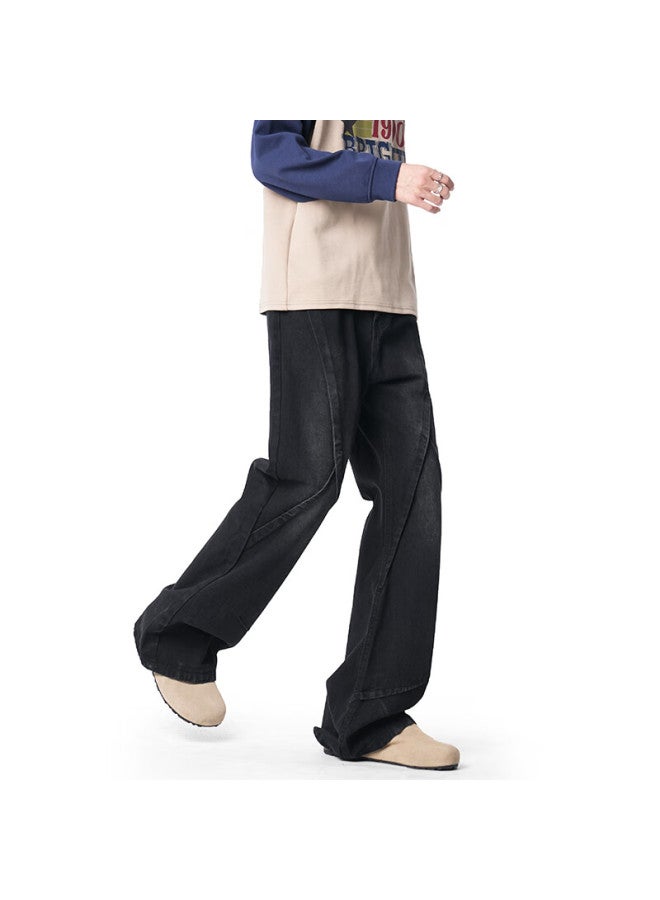 Izexx Men's Jeans Spring American High Street Washed Deconstructed Casual Slim Flared Pants Iw62 Black 2XL - Image 4