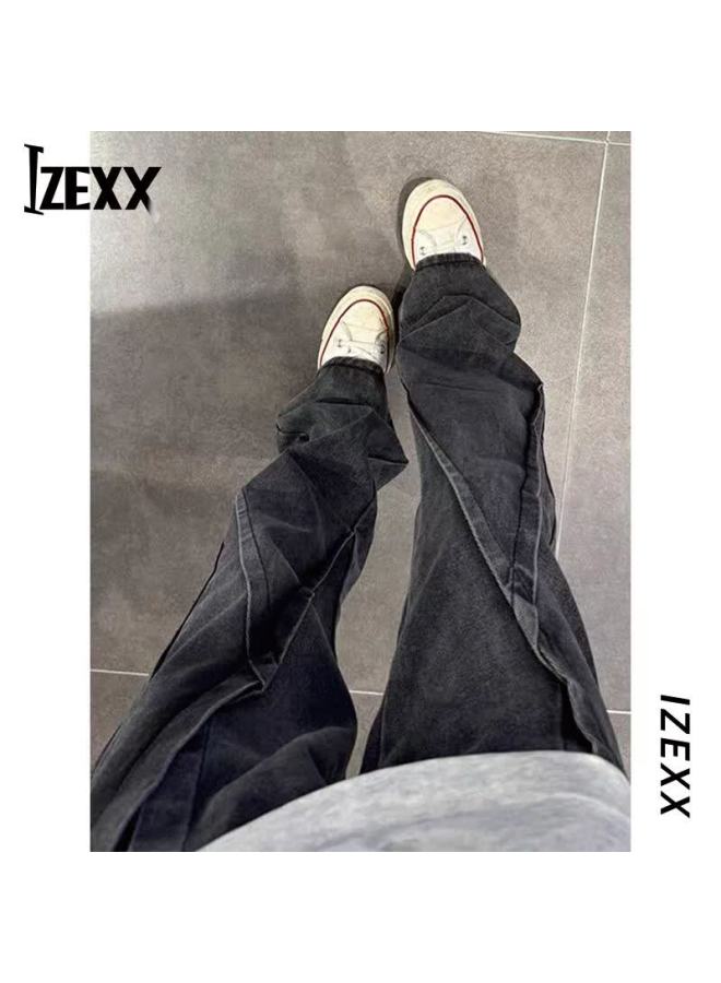 Izexx Men's Jeans Spring American High Street Washed Deconstructed Casual Slim Flared Pants Iw62 Black 2XL - Image 1