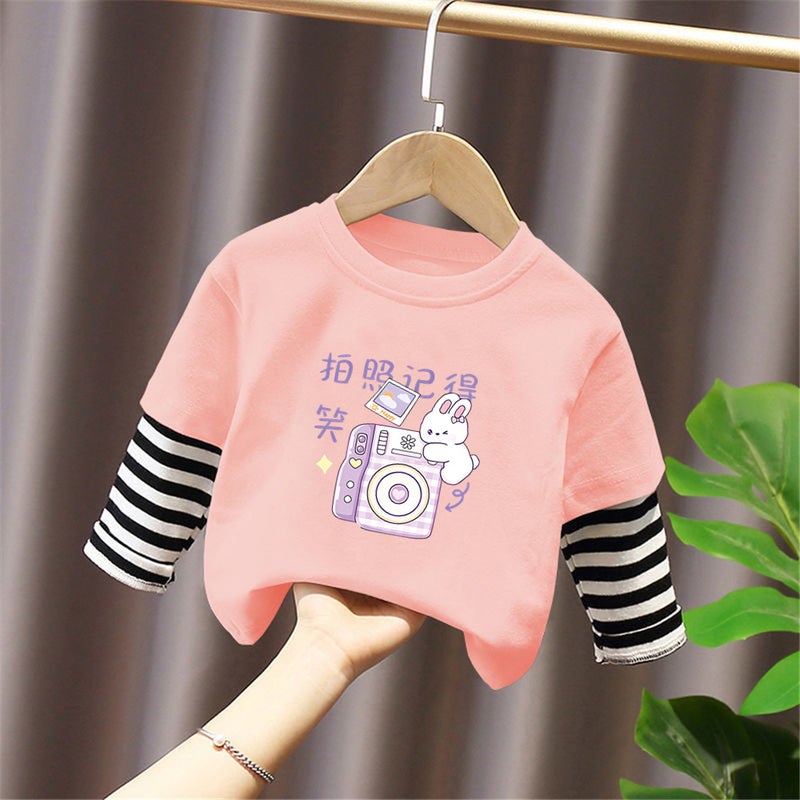 G2372# Girls Long Sleeve T-Shirt Bottoming Shirt New Baby Big Children Fake Two-Piece T-Shirt Foreign Style Jacket - Image 3
